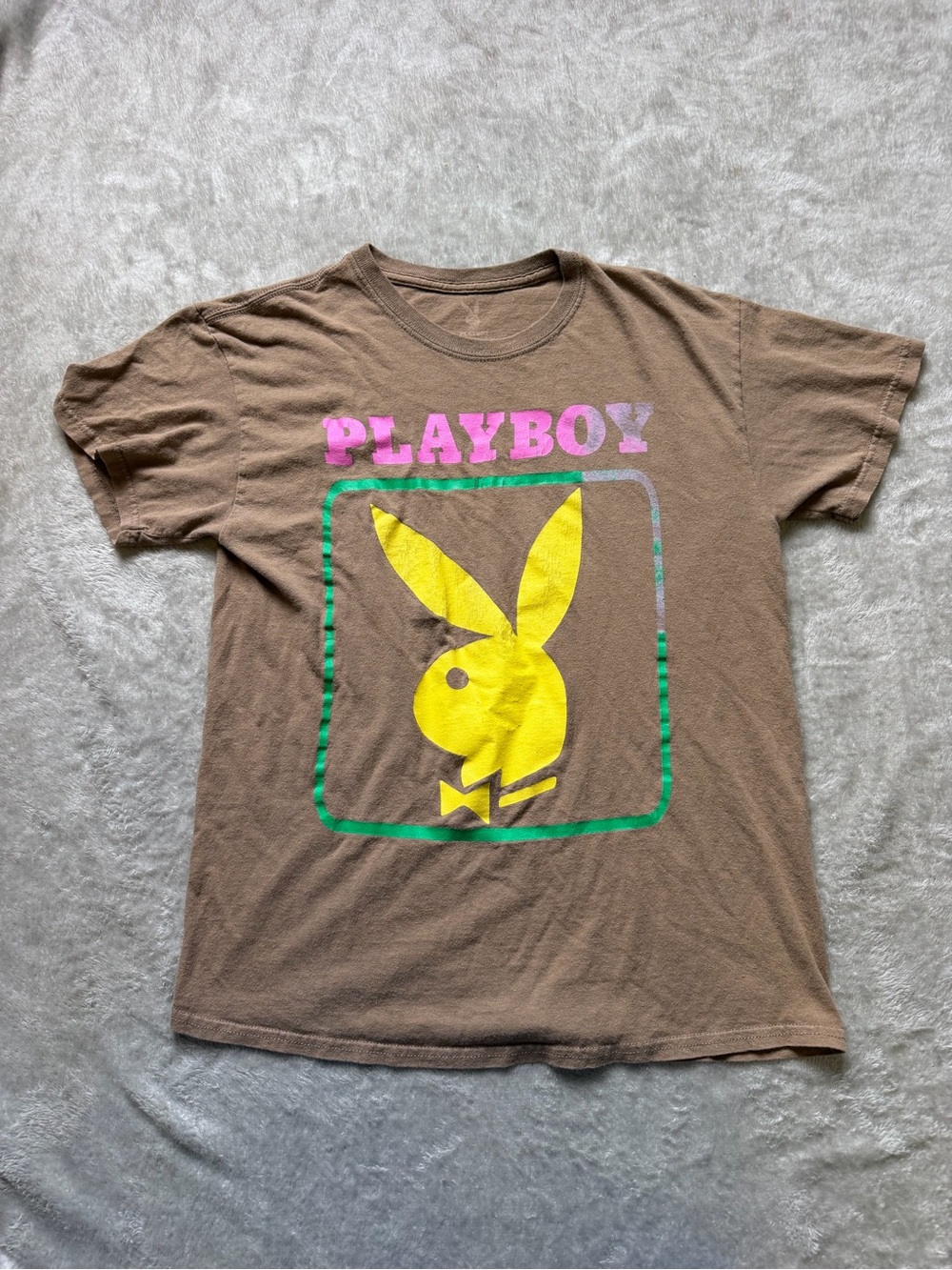 PLAYBOY Brown Tee with Yellow Bunny and Pink Logo